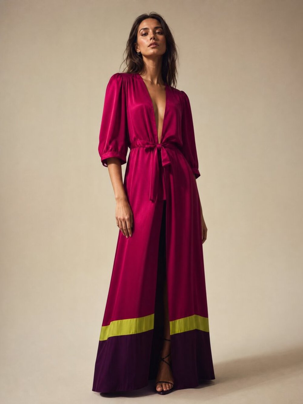 Adriana degreas 100% Silk Vibrant Red Long Kimono with Yellow and Purple Accents